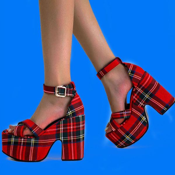 Marca de sandálias Vintage Retro Scotch Plaid Great Quality 2022 Plus Tamanho 43 Plataforma de verão gótico de salto alto e robusto Sapatos de mulheres