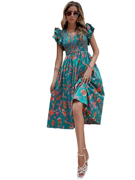 

floral print butterfly sleeve shirred a-line dress k6ot#, Black;gray