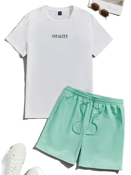 

men letter graphic tee & drawstring waist shorts b1bg#, Gray
