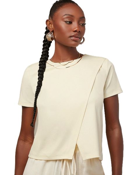 

solid round neck wrap detail tee k9b2#, White