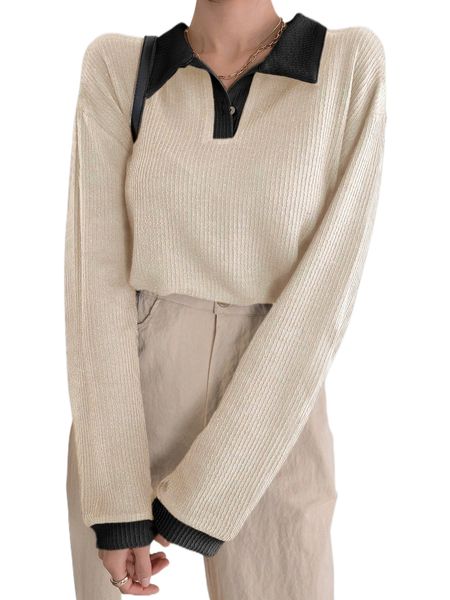 

dazy drop shoulder rib knit polo neck tee l3ub#, White