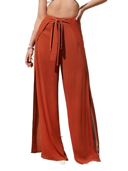 

split thigh tie front pants f55h#, Black;white