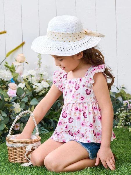 

toddler girls floral print ruffle trim cami she, Blue