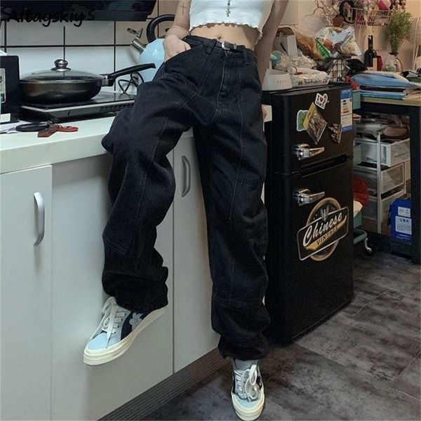 Jeans retro Mulheres Harajuku Vintage Black Street BF Style Chic College Teens Streetwear Allmatch Loose Femme Troushers 220701