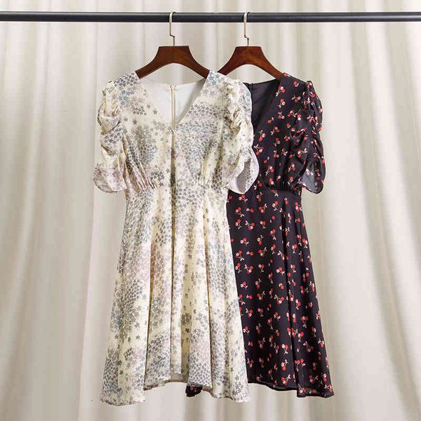 

casual dresses chic bubble sleeve cherry fragmentary flower printed tea rest skirt high-grade silk crepe de chine mulberry a-word dress fema, Black;gray