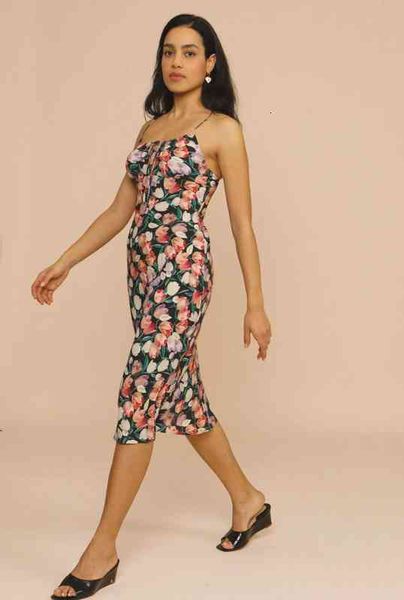 

casual dresses spring and summer french pastoral suspender bow tulip printed dress, Black;gray