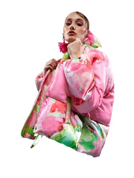 

x becci floral print zip up snap button puffer coat u6da#, Black