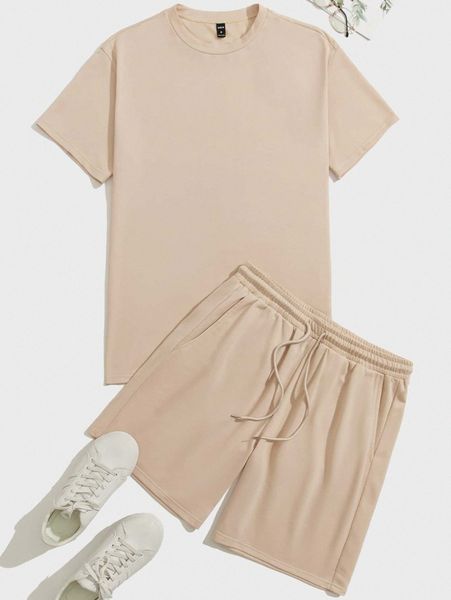 

men solid tee & drawstring shorts set 3913#, Gray