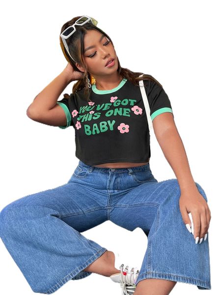 

plus floral & slogan graphic contrast binding crop tee w3t3#, Black