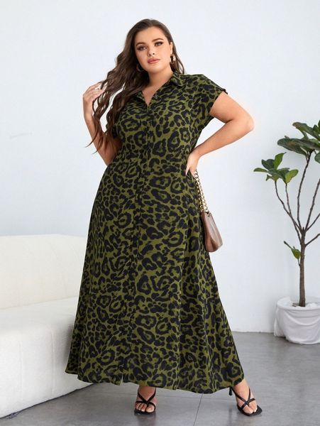 

plus leopard print button up belted dress y7zh#, Black