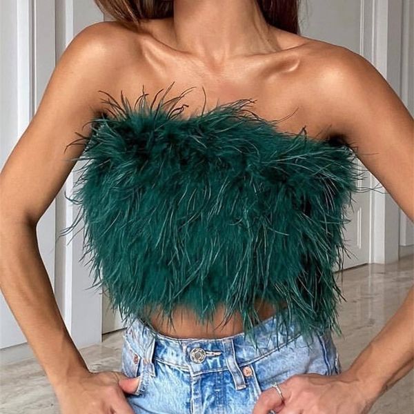 

summer fashion women fluffy furry tube female trendy chic all-match feather decoration sleeveless vest 220316, White
