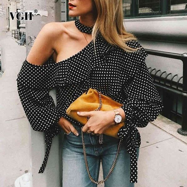 

asymmetrical print dot shirt for women long sleeve off shoulder hollow out blouse female fashion clothing 210507, White