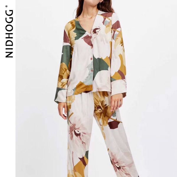 

satin floral printing pajama set fashion long sleeve pijamas women vneck loungewear 2 piece home clothes sleepwear 201113, Black;red