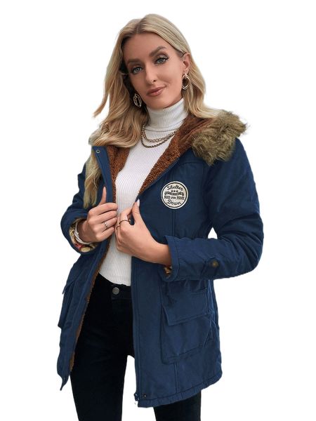 

patch detail drawstring waist teddy lined fuzzy trim hooded parka coat h6ov#, Black