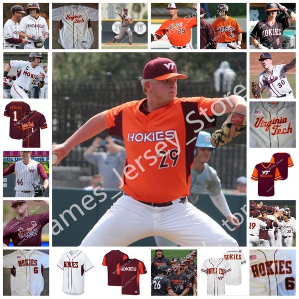 

2022 ncaa custom virginia tech hokies baseball jersey 48 joe saunders 48 brady kirtner 15 drue hackenberg 26 andrew dusablon 41 t.r. william, Black