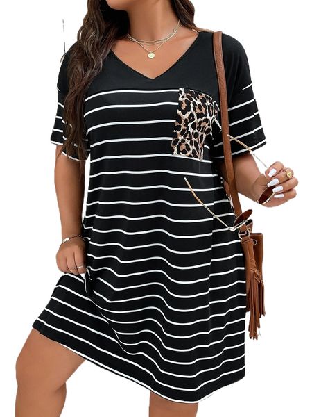 

plus striped & leopard print patched pocket drop shoulder tee dress x1f4#, Black
