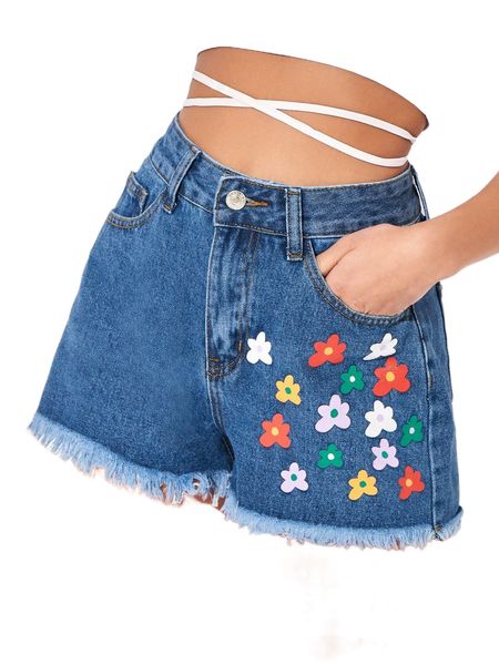 

petite floral print raw hem denim shorts m0ae#, White;black