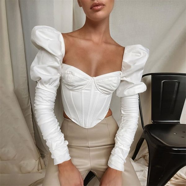 

yimunancy puff sleeve crop women long sleeve bustier autumn ladies blackwhite elegant streetwear 220809, White