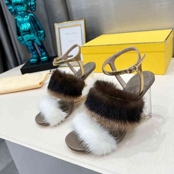 

sandals first brown mink fur high-heeled sandals clear transparent high heels open toe ankle-strap snakeskin leather sandal for women luxury, Black