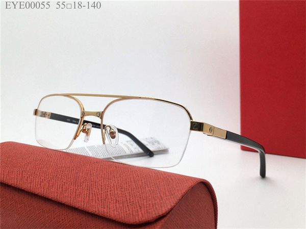 Neue optische Brille im Modedesign, Metall-Halbrahmen, Modell 00055, einfacher und vielseitiger Stil, quadratische, transparente Linse, kann verschreibungspflichtige, klare Linsen sein