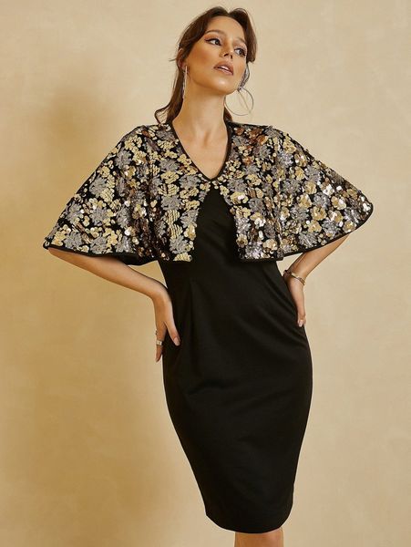 

unique21 cloak sleeve sequin insert dress 86gg#, Black;gray