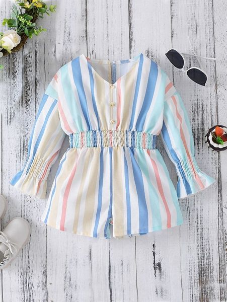 

toddler girls block striped shirred flounce sleeve romper she, Blue