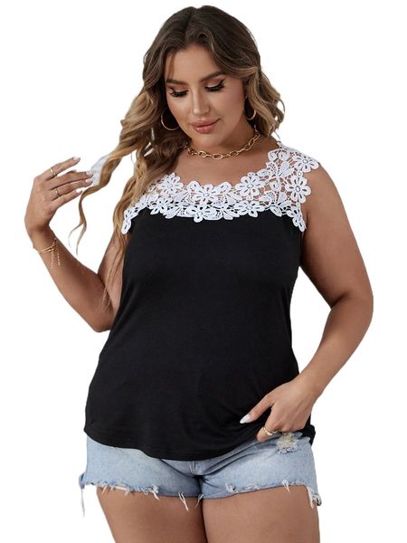 

plus contrast lace tank u3sx#, Black