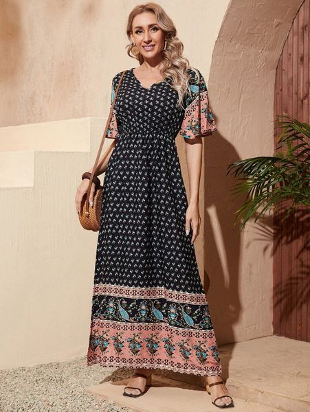 

floral & paisley print butterfly sleeve dress f0hk#, Black;gray