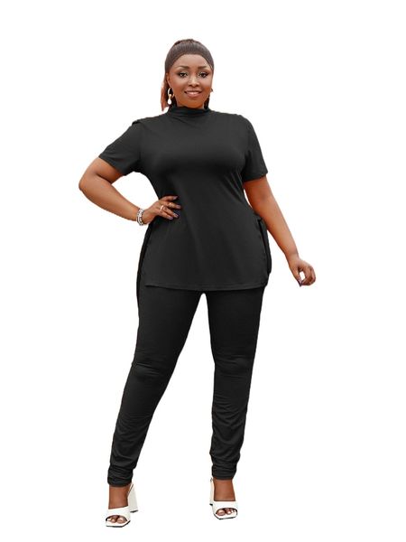 

plus mock neck tee & pants set t4h5#, Black