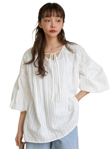 

dazy tie neck bishop sleeve textured blouse m0vc#, White