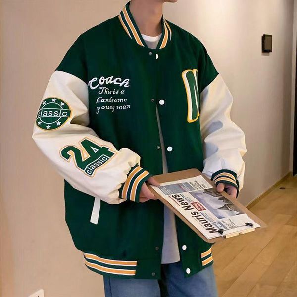 Giacche da uomo Lettere N Varsity Bomber Giacca da uomo Uniforme da baseball Cappotti larghi da donna Manica in pelle oversize Primavera Autunno Verde Nero Vinta