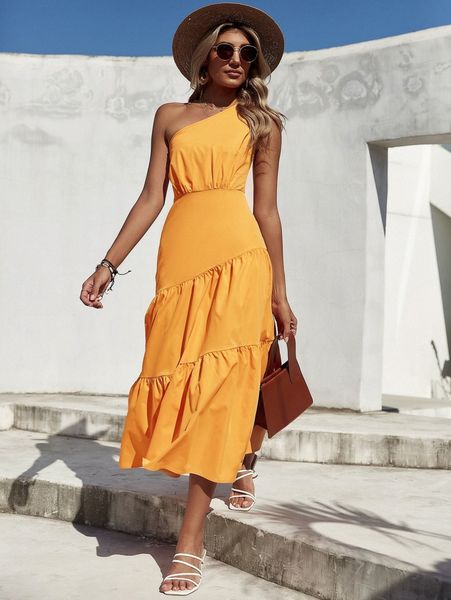 

one shoulder ruffle hem dress h0d2#, Black;gray