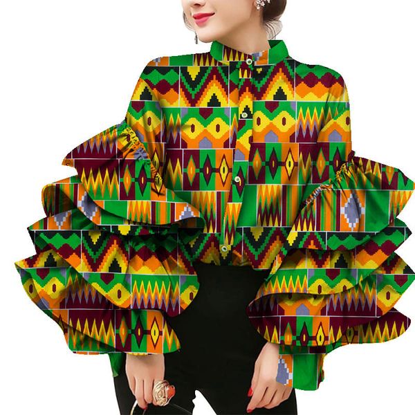 Camada de vestido africano de bintarealwax camadas de colarinho de colarinho de manga feminina de cera impressão de cera Top de algodão e tamanho de lady roupas de mulher wy8635