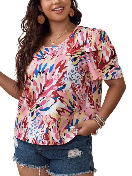 

plus allover print puff sleeve blouse z3qd#, Black
