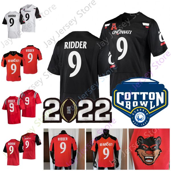 

2022 new ncaa cincinnati bearcats football jersey 9 desmond ridder college playoff cotton bowl patch red white black size youth adult