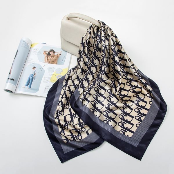 

new scarf satin large square letter d printed silk, Blue;gray