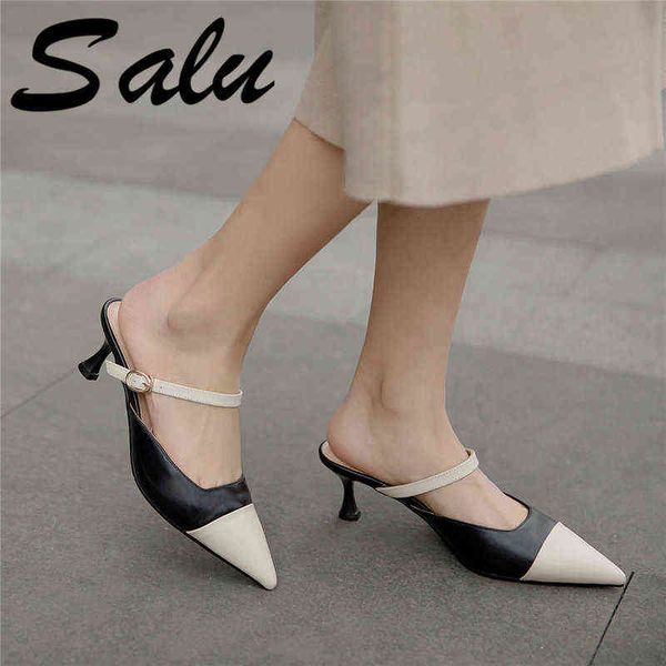 

dress shoes salu comfortable thin heel sandals cow leather solid casual elegant butterfly-not 220318, Black