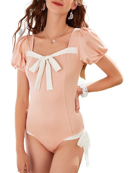 

puff sleeve tie front sweetheart neck cut out back bodysuit n3s4#, White