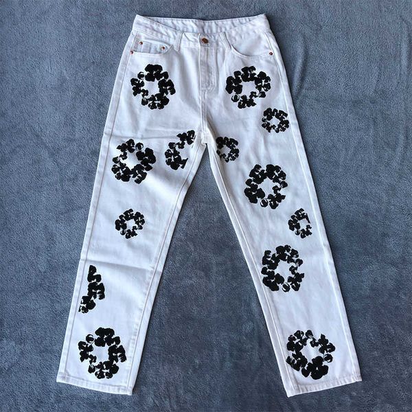 

european men's jeans and american denim tears white flower washing loose straight tube rest jeans for men and women lovers, Blue
