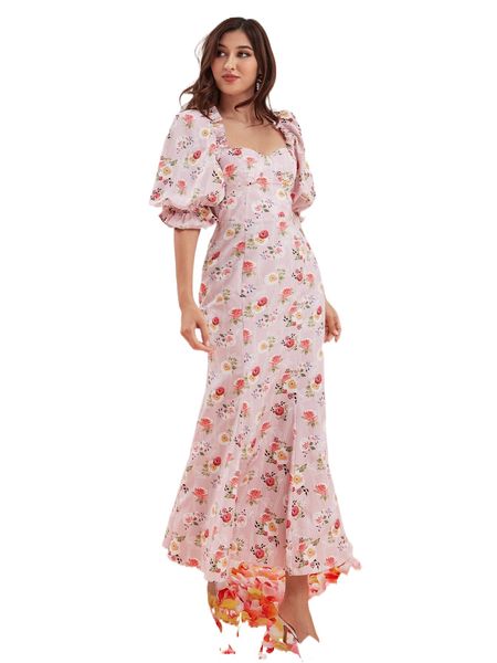 

modely sweetheart neck puff sleeve floral print dress b1jv#, Black;gray