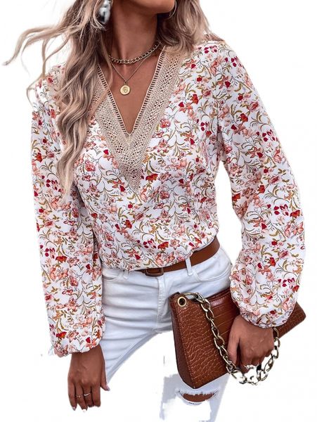 

allover floral print guipure lace insert lantern sleeve blouse a7ex#, White