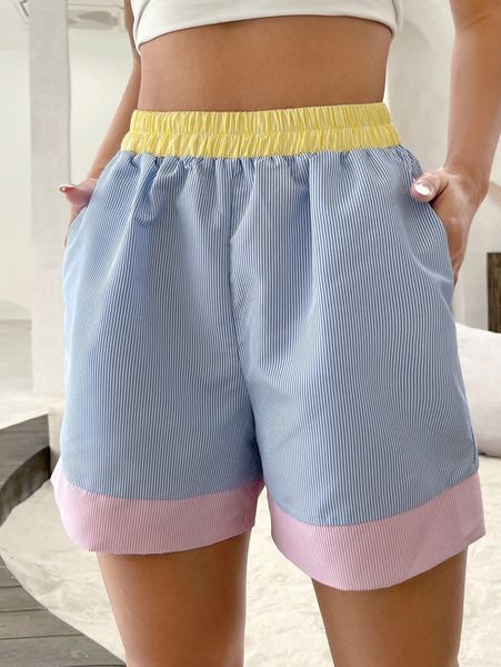 

striped colorblock elastic waist shorts f7ud#, White;black