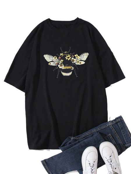 

1pc bee & floral print tee x7h4#, White