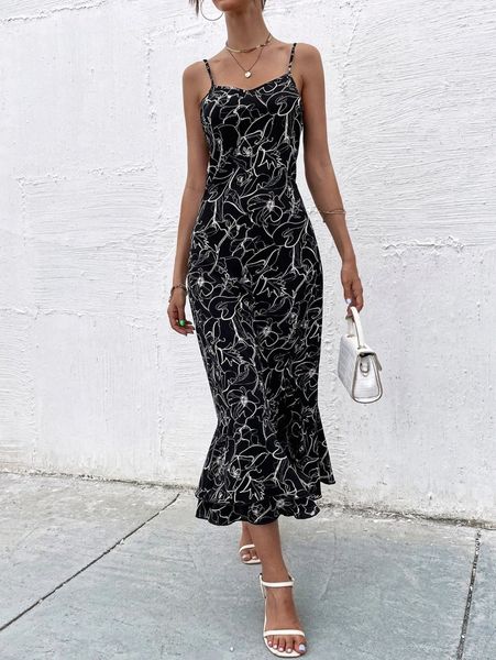 

floral print layered hem cami dress f5hh#, Black;gray