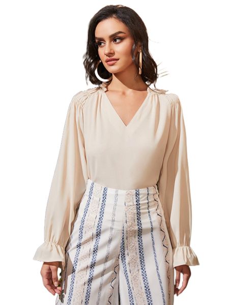 

v-neck ruched shoulder flounce sleeve z9t6#, White