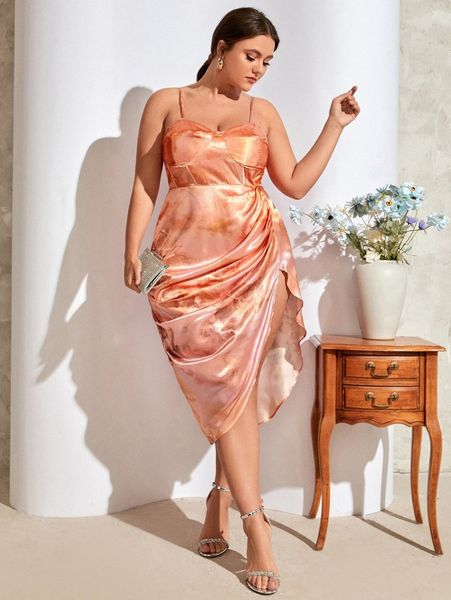 

plus tie dye ruched split thigh bustier slip dress c2su#, Black