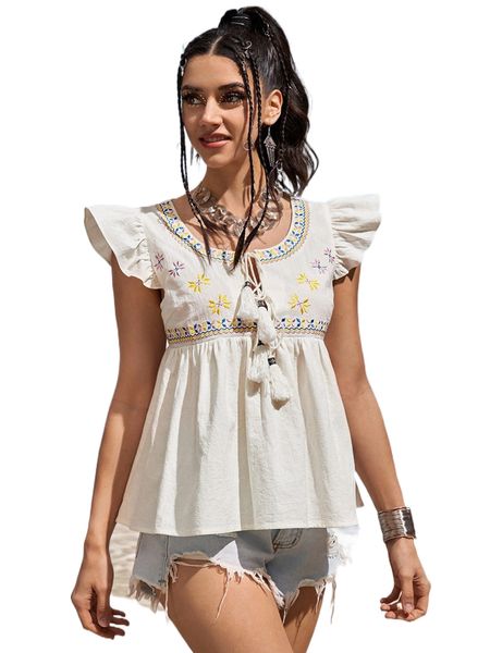 

floral embroidered tie front flutter sleeve peplum blouse s4vv#, White