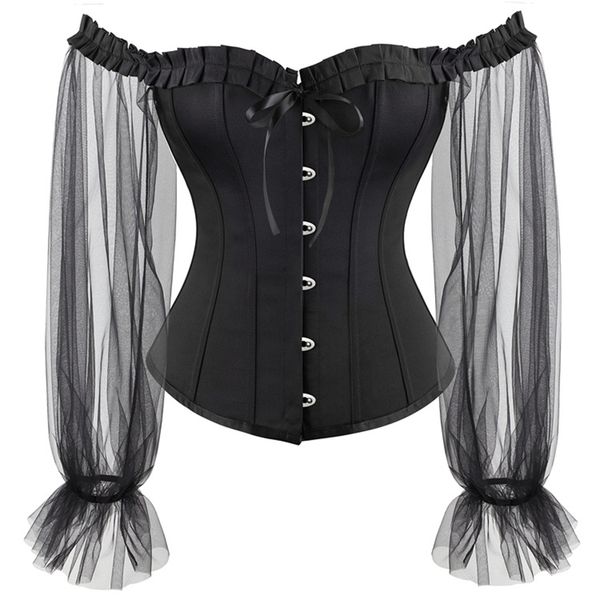 Top corsetto overbust in raso nero con scollo a barchetta e maniche lunghe in rete Lolita 2022 New Victorian Steel Bones Shaper Bustier