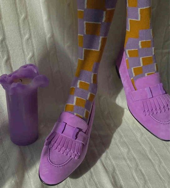 

2022 spring and summer new h-button tassel flat bottom purple round head small leather shoes for women, Black