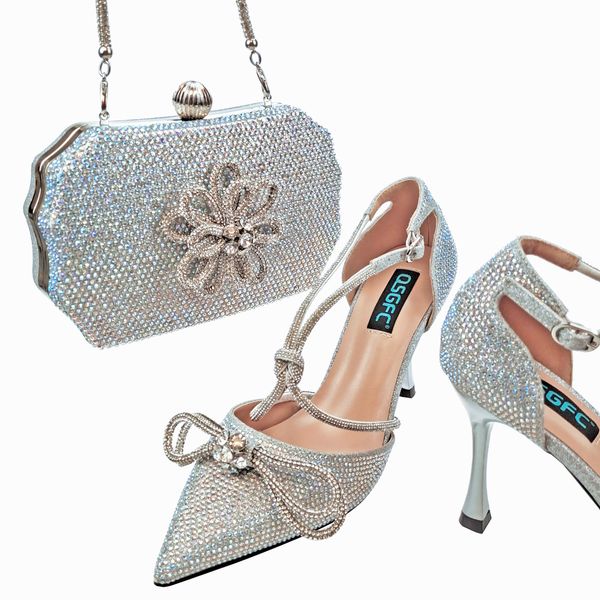 

qsgfc luxury designer dress shoe womens shallow 9 cm party full diamond silver color pu leather pumps women shoes and bag set designer point, Black